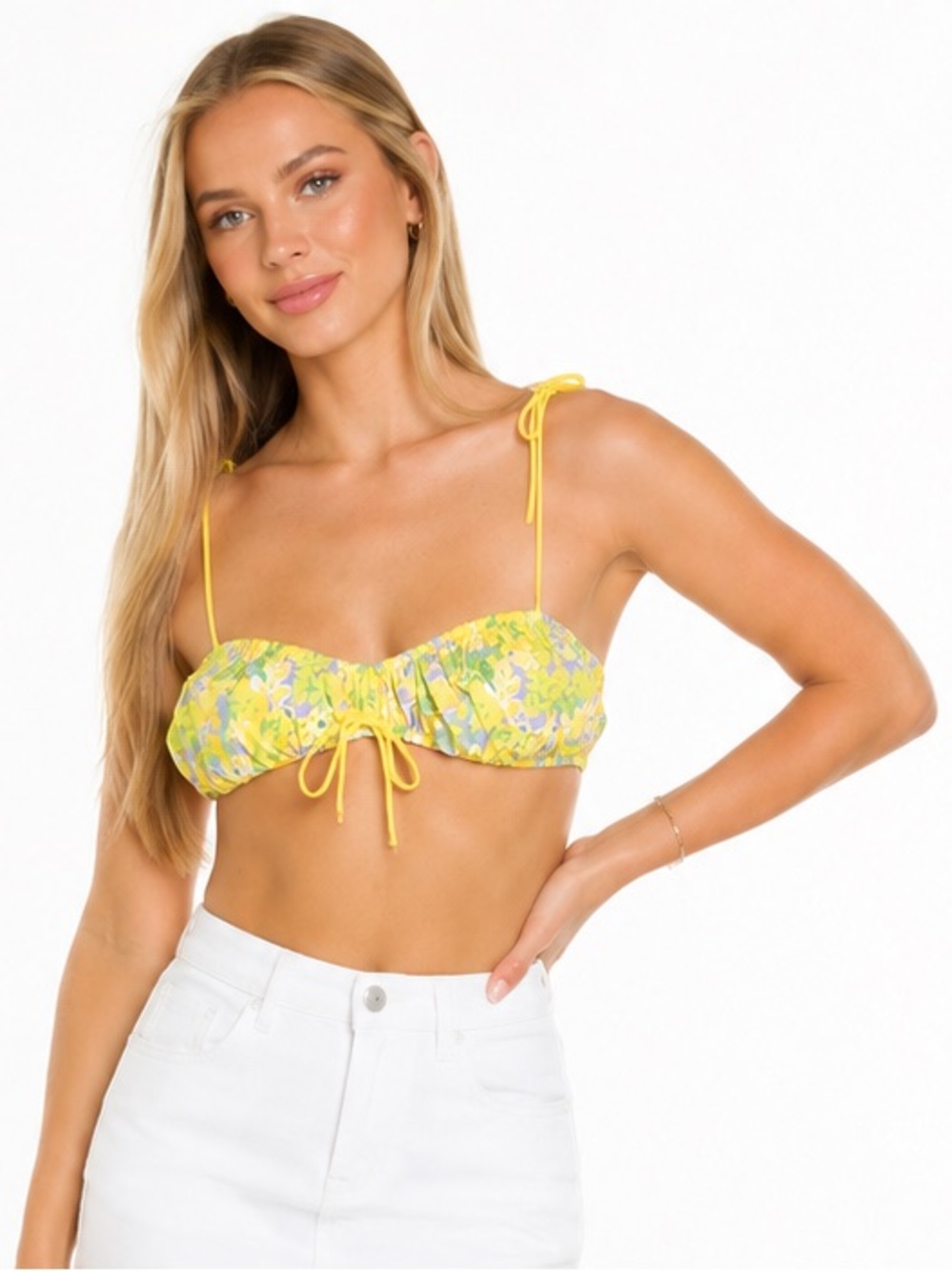 NEW For Love Bell Yellow Floral Ruched Tie Strap Crop Top Y2K Coquette M